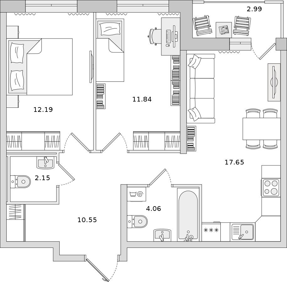 2-комнатная квартира 58.44 м², 9/9 эт., ЖК «Город Первых»